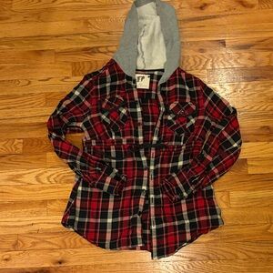 Women's Free People Red and Black Plaid Shirt with Gray Hood